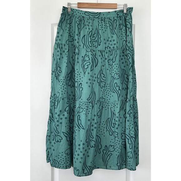 Gudrun Sjödén Tiered Maxi Skirt Sz L Teal Leaf Print Lightweight Organic Cotton - Picture 1 of 11